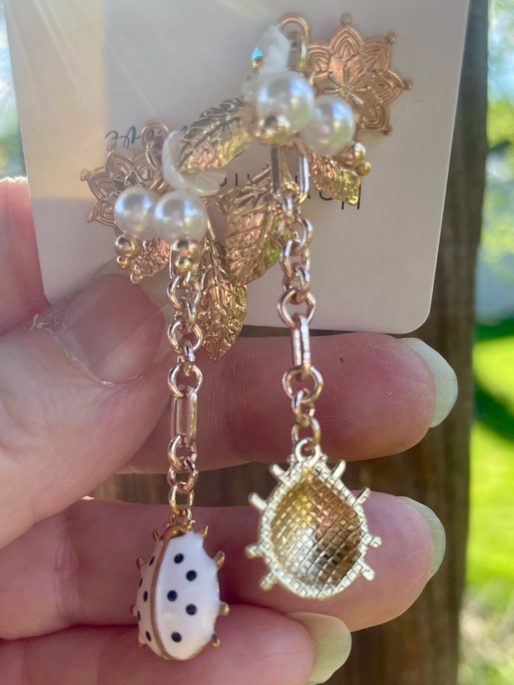 Gold Floral Pearl Drop Earrings with White Polka Dot Ladybug - Picture 10 of 11